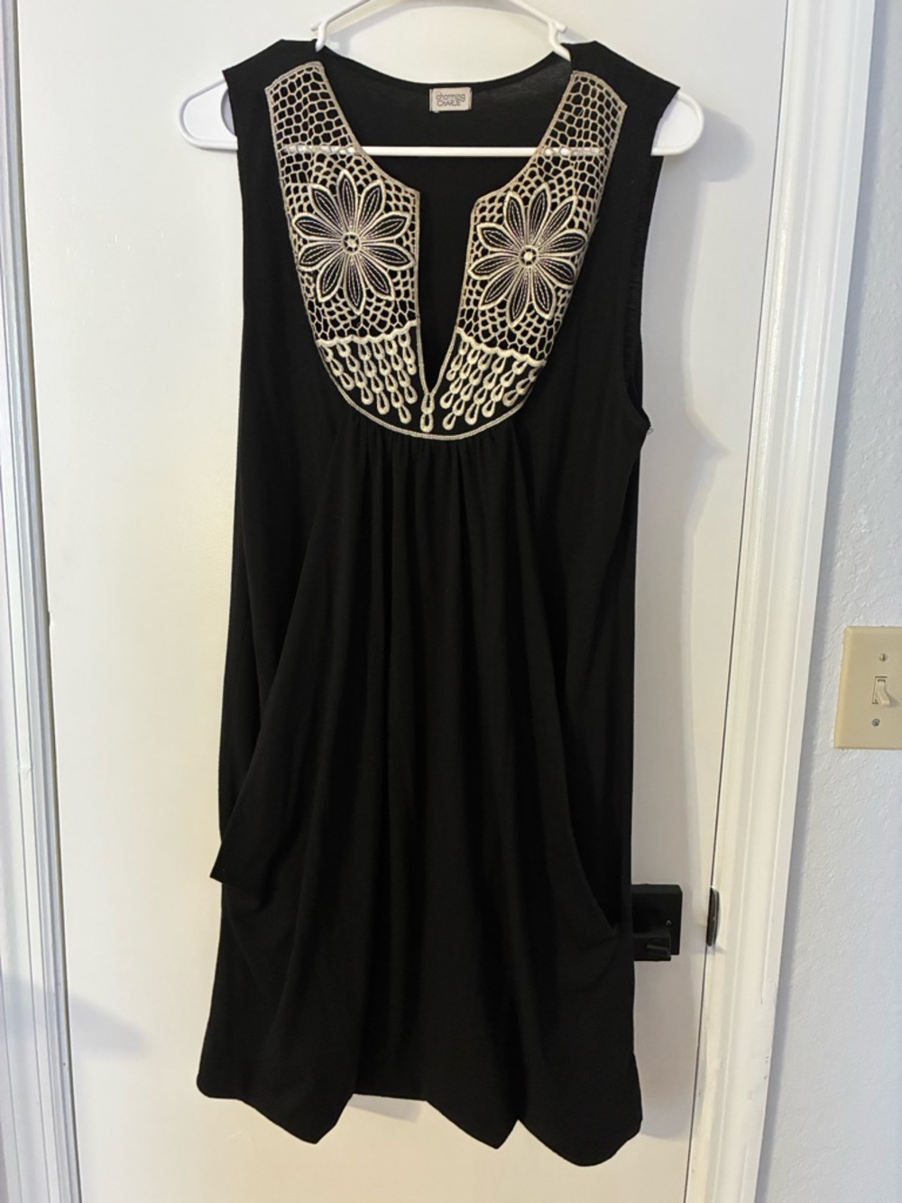 Sleeveless Black Dress/Beach Coverup with Lace Yoke